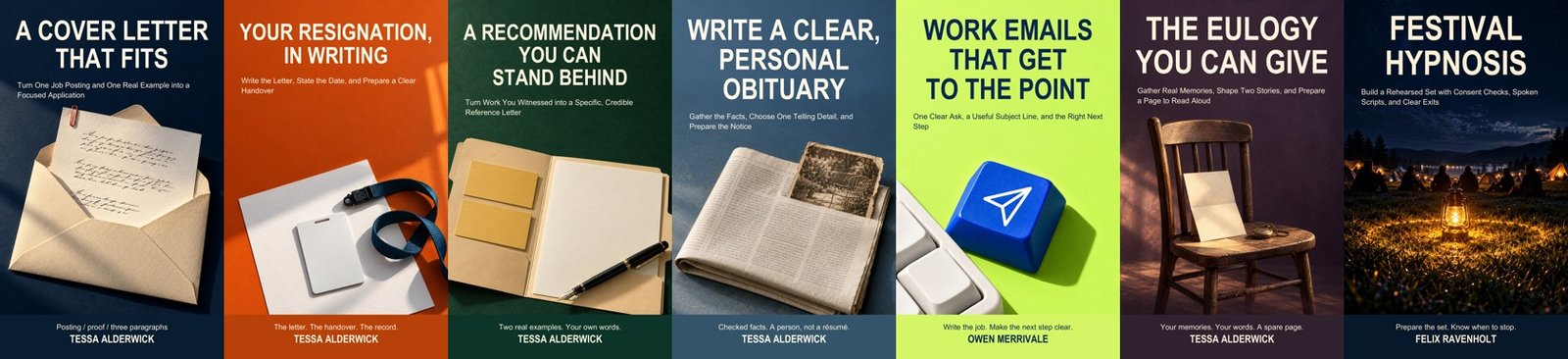 Die sieben Cover: Cover Letter, Resignation Letter, Recommendation, Obituary, Email, Eulogy und Festival Hypnosis